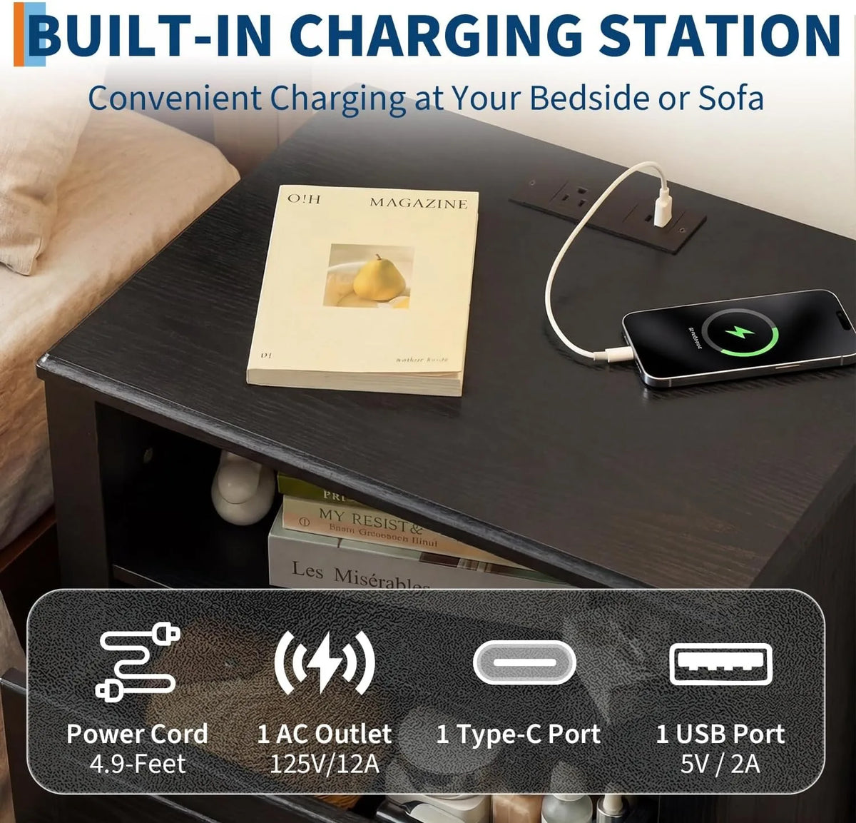 Nightstand with Charging Station 2 Drawers and Open Shelf with USB Type C Port AC Outlet