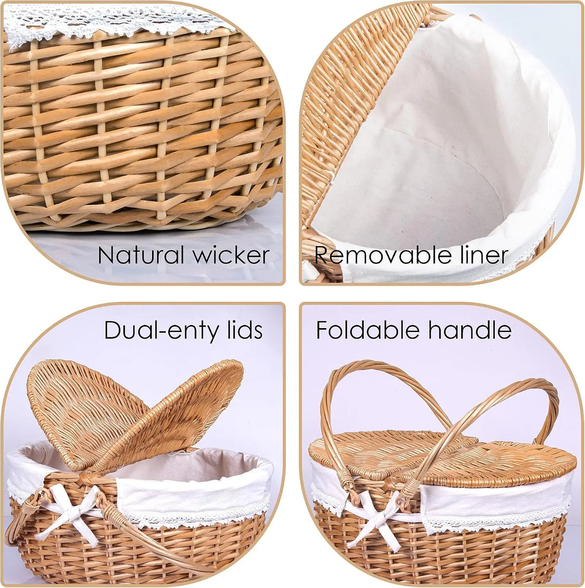 Natural Rattan Handwoven Wicker Picnic Basket with Lid and Handle 15" with Washable Lining ...