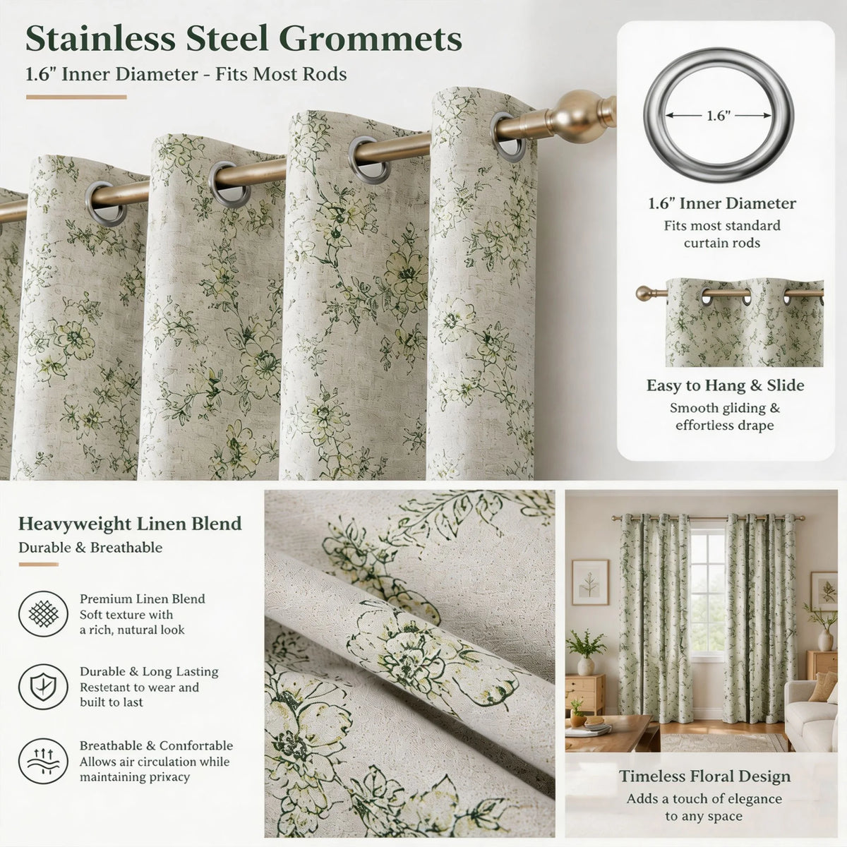 Botanical Green Floral Blackout Curtains 4 Panels Set, Total Blackout, with White Coating Backing, 4 Sizes.....