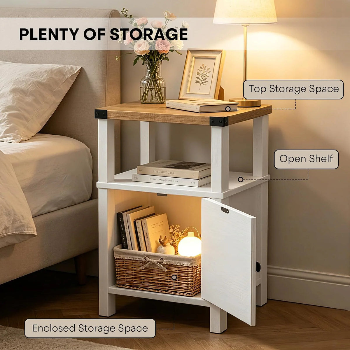24.8" Nightstand Set 2, Wood, with Barn Door, White/Beige