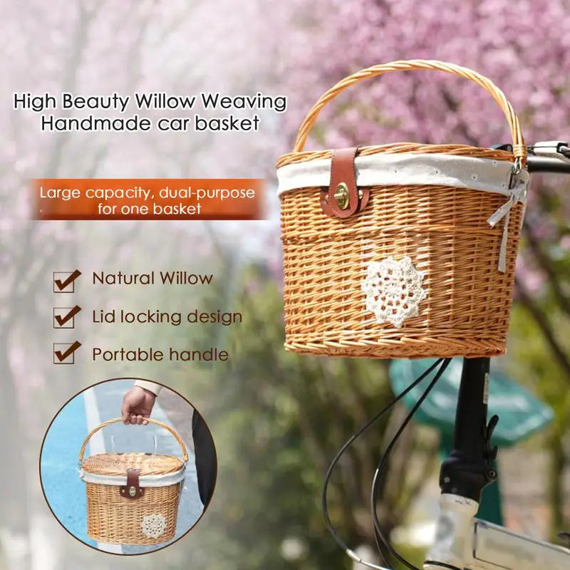 Wicker Bicycle Basket Handlebar For Bicycle With Liner And Cover