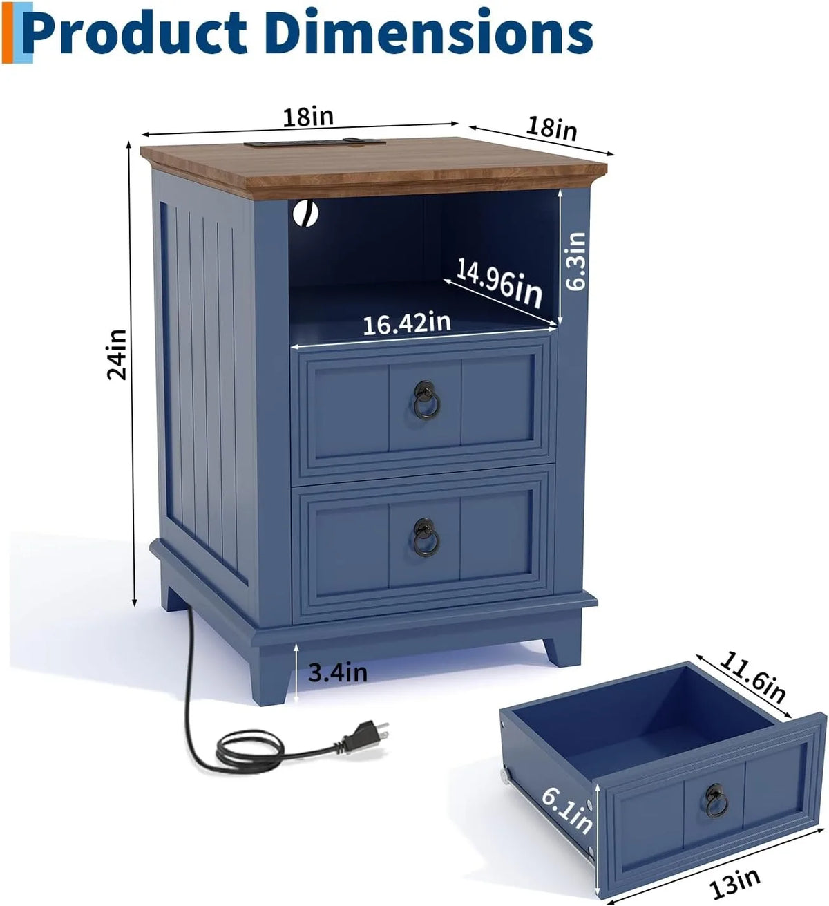 18 Inch Wood Nightstand with USB Charging Station 2 Drawer End Table, Blue