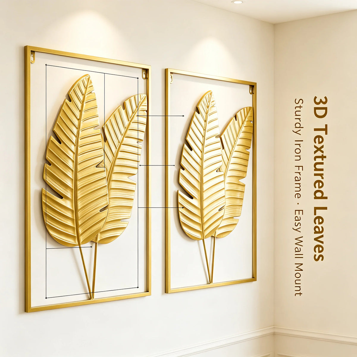 2PCS Gold Metal Leaf Wall Art Set, Begonia Leaf, W 16 In x H 24 In with Frame
