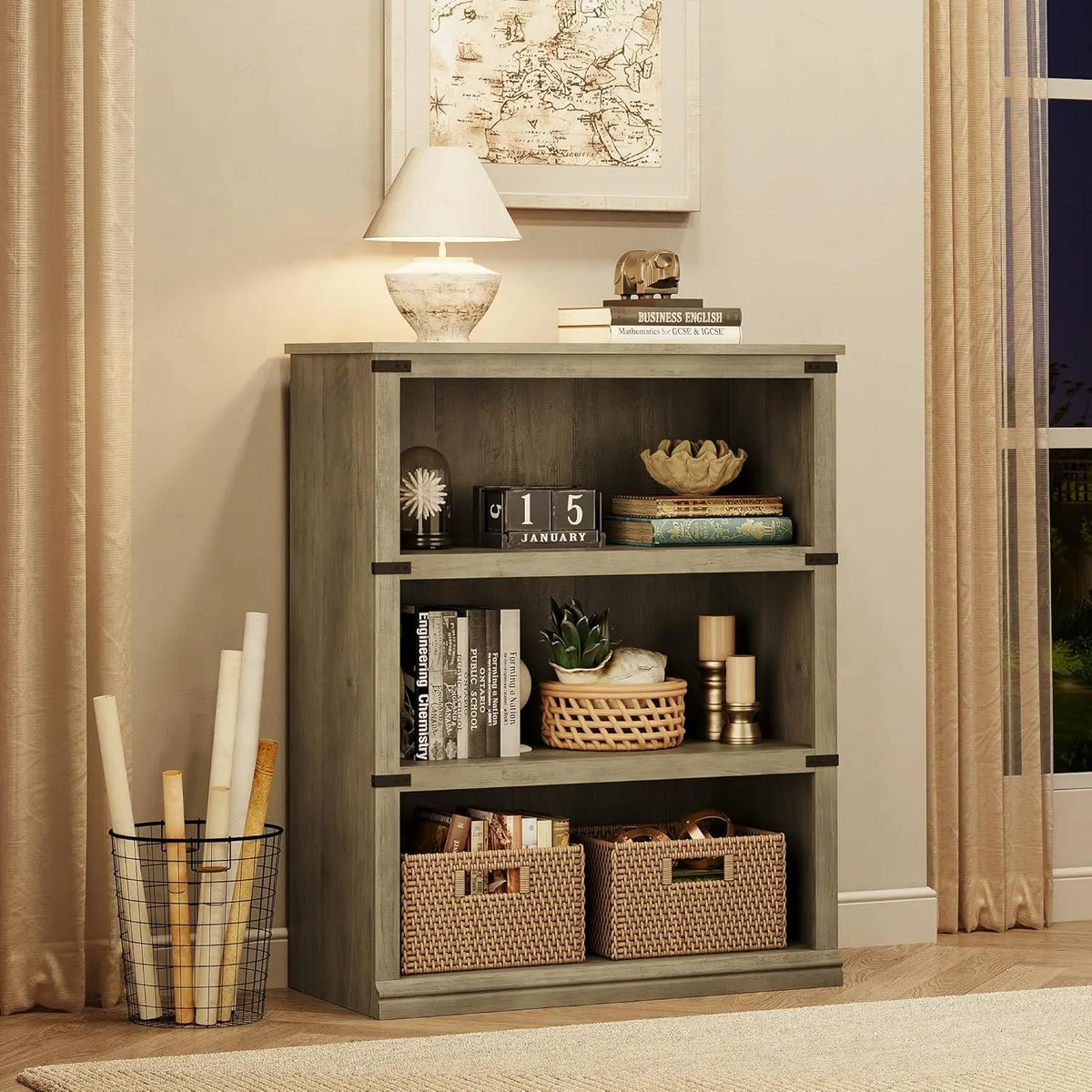 3 Tier Open storage shelves - Tall Wood Bookshelf, Sturdy 30" Wide