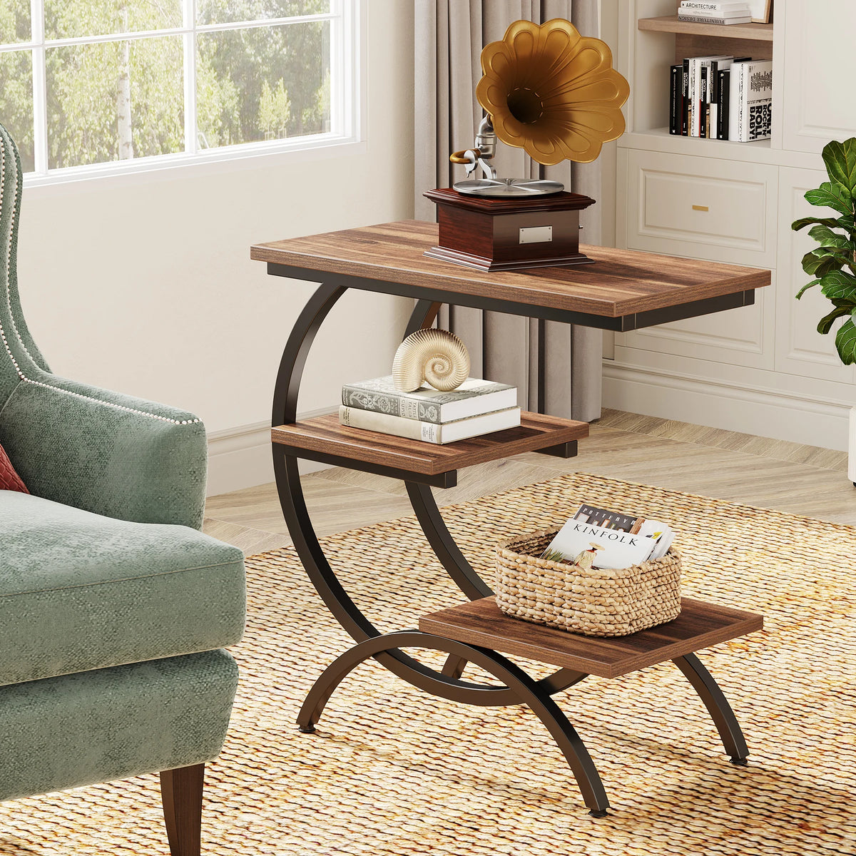 C-Shaped, Industrial 3-Tier Small, Wood Table with Storage Shelves