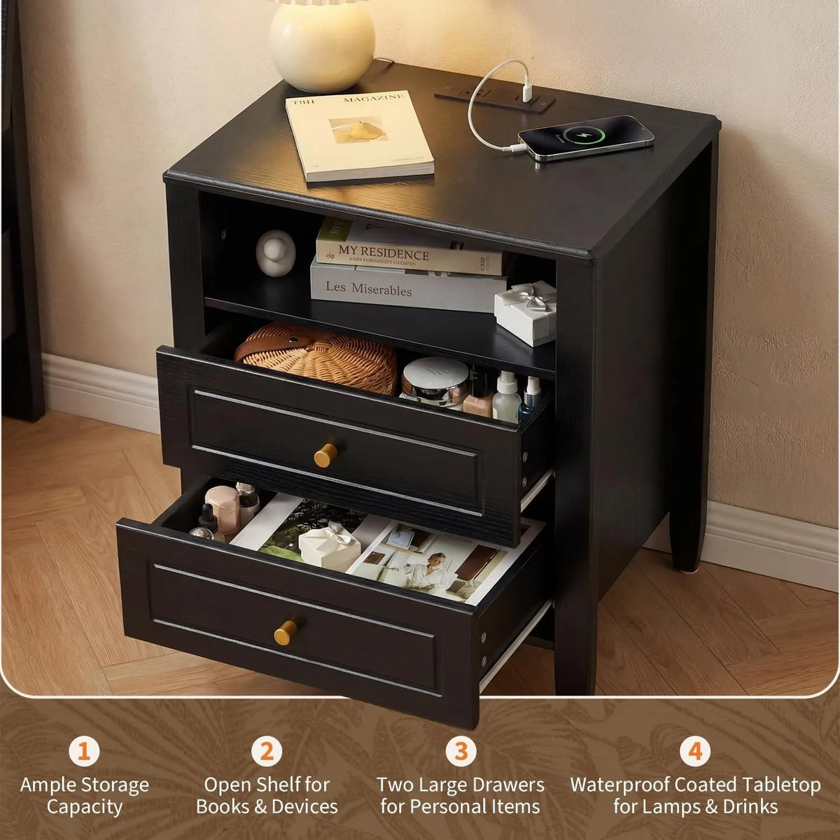 Nightstand with Charging Station 2 Drawers and Open Shelf with USB Type C Port AC Outlet