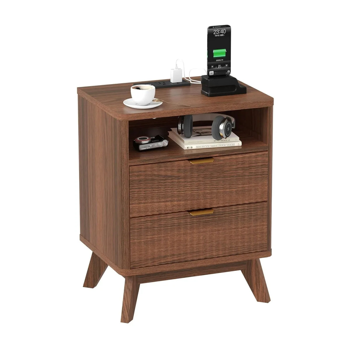 Walnut Nightstand with Drawer and Open Shelf USB Charging Station with AC Outlets