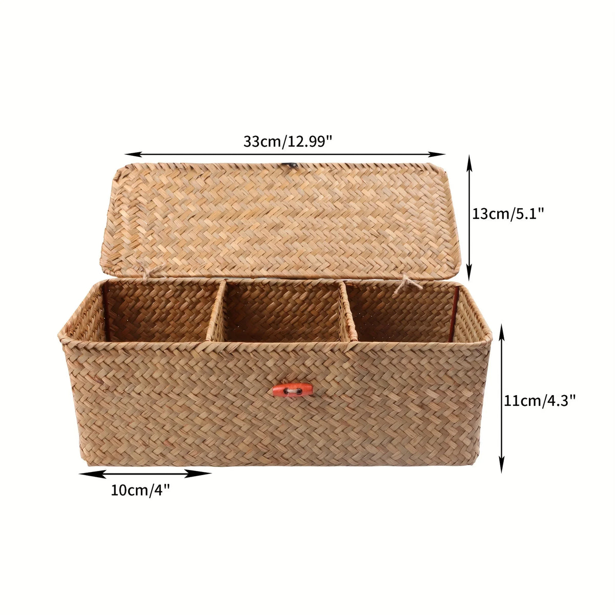 1 Bohemian style storage basket with lid, woven Wicker, with red button closure....