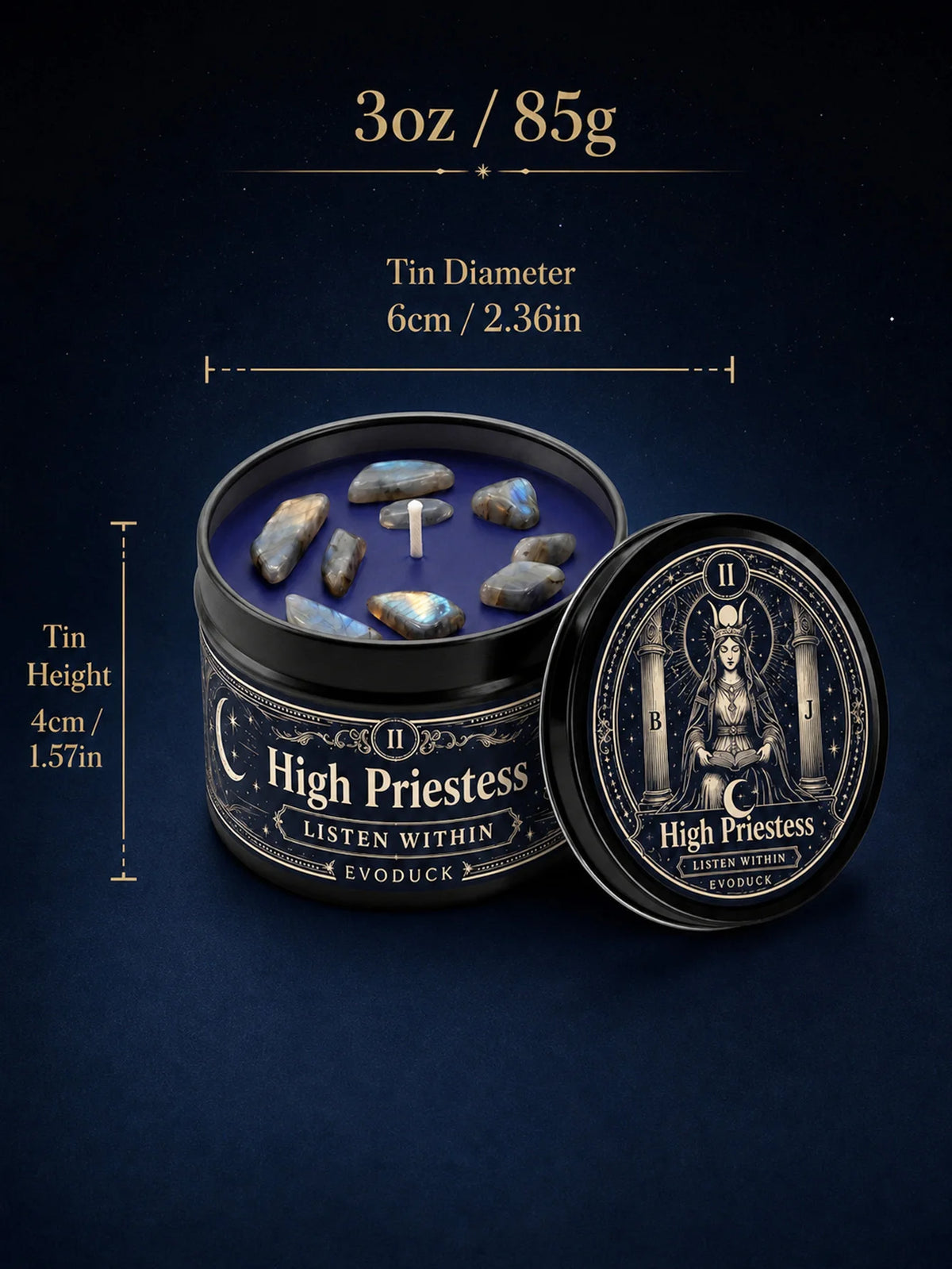 The High Priestess Tarot Candle with Blue Grey Crystal Stones, 3/2/1 Sets, Scented for Meditation, 3 Oz