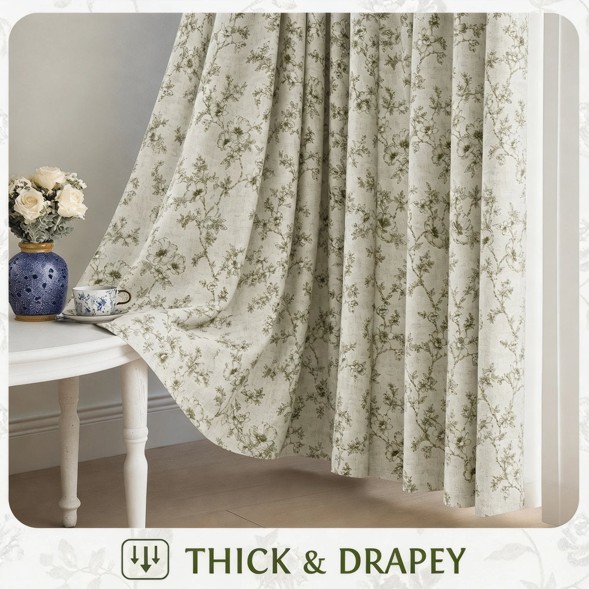 Botanical Green Floral Blackout Curtains 4 Panels Set, Total Blackout, with White Coating Backing, 4 Sizes.....