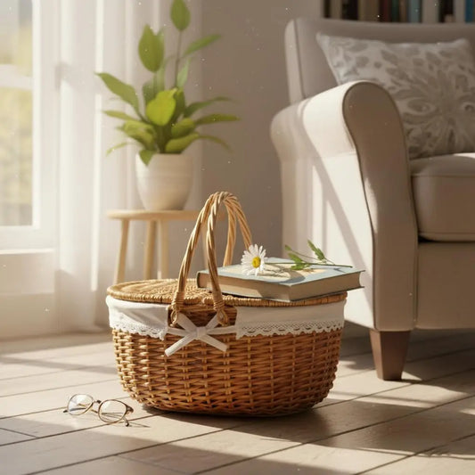 Natural Rattan Handwoven Wicker Picnic Basket with Lid and Handle 15" with Washable Lining ...