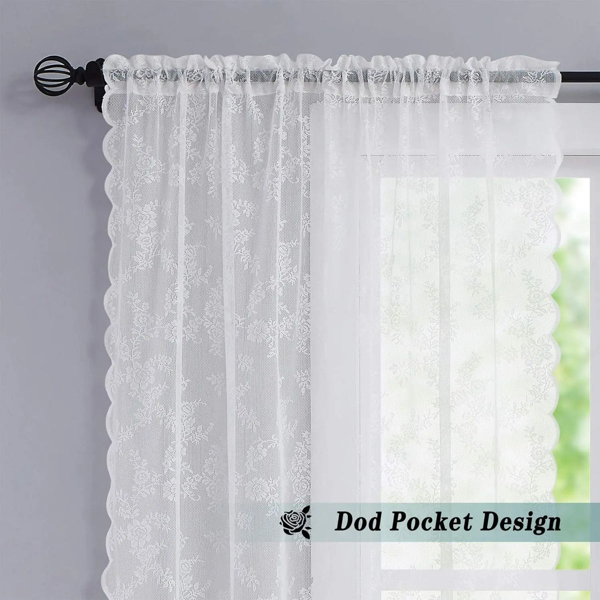 2 Panels elegant solid-color sheer curtains with wave lace trim, 3 Colors, 3 Sizes....