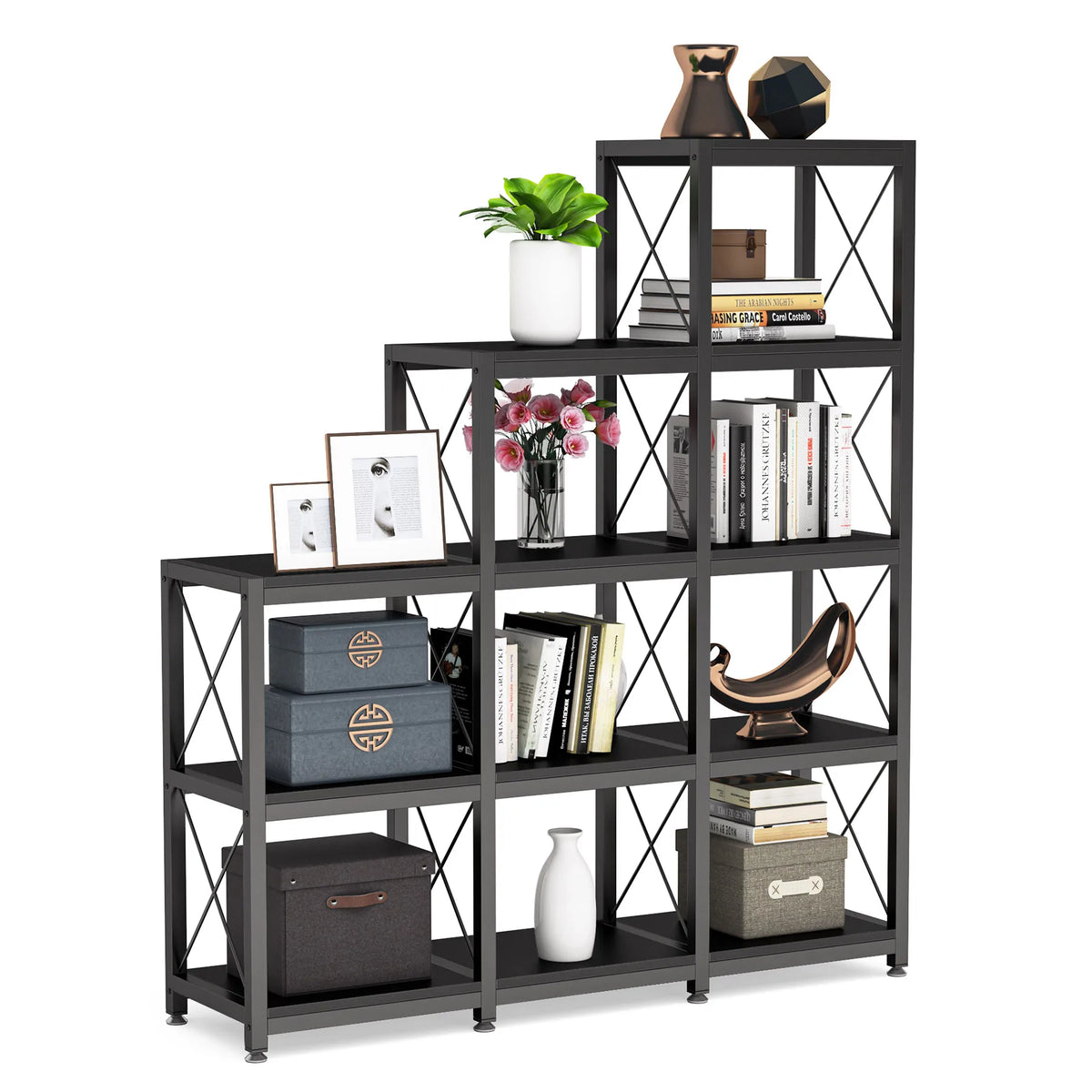 12 Shelves Bookshelf, Stepped Etagere Bookcase, 11.81"D x 45.66"W x 51.57"H