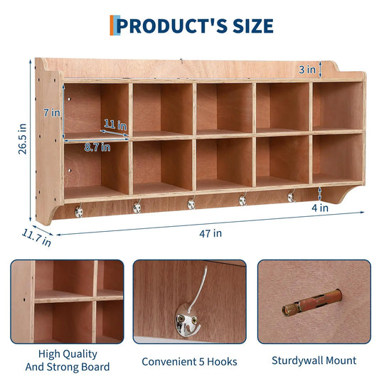 Wall Mount Kids Wooden Storage Organizer With 10 Cubbies, 5 Hooks And Top Shelf,