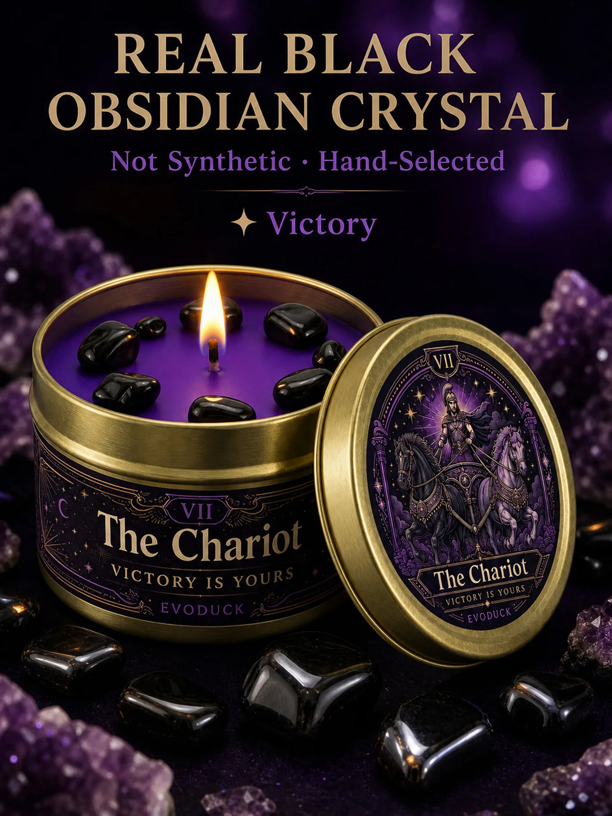 3/2/1 Sets, The Chariot Tarot Candle with Black Crystal Stones, Purple Wax Scented for Meditation, 3 Oz....