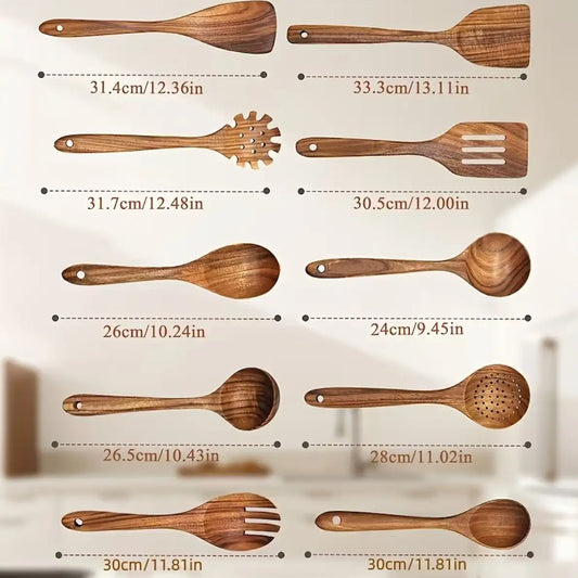10 pc. Naturel Teak Wood Kitchen Utensils Set, Non Stick, Heat Resistant.....