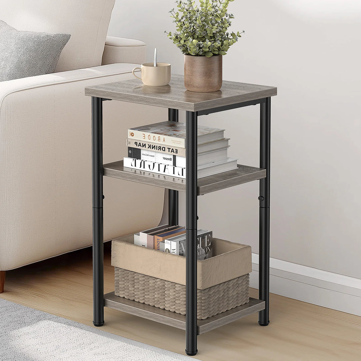 3 Tier End Table Storage Shelf with Adjustable Feet