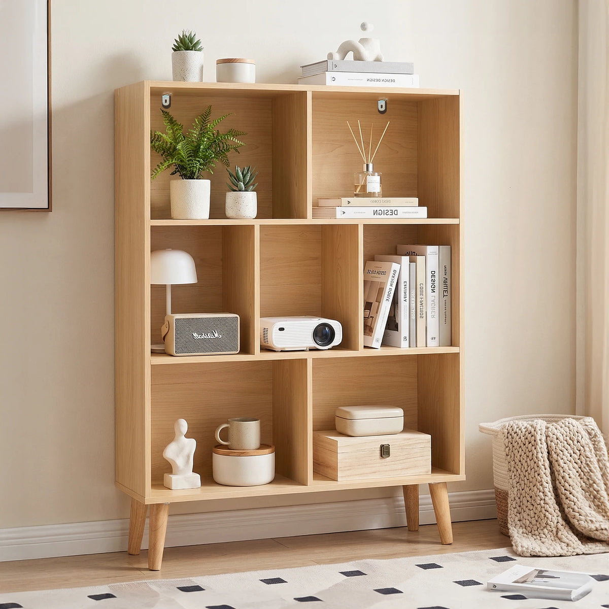 7 Cube Wooden Storage Bookshelf with Legs 3-Tier Standing