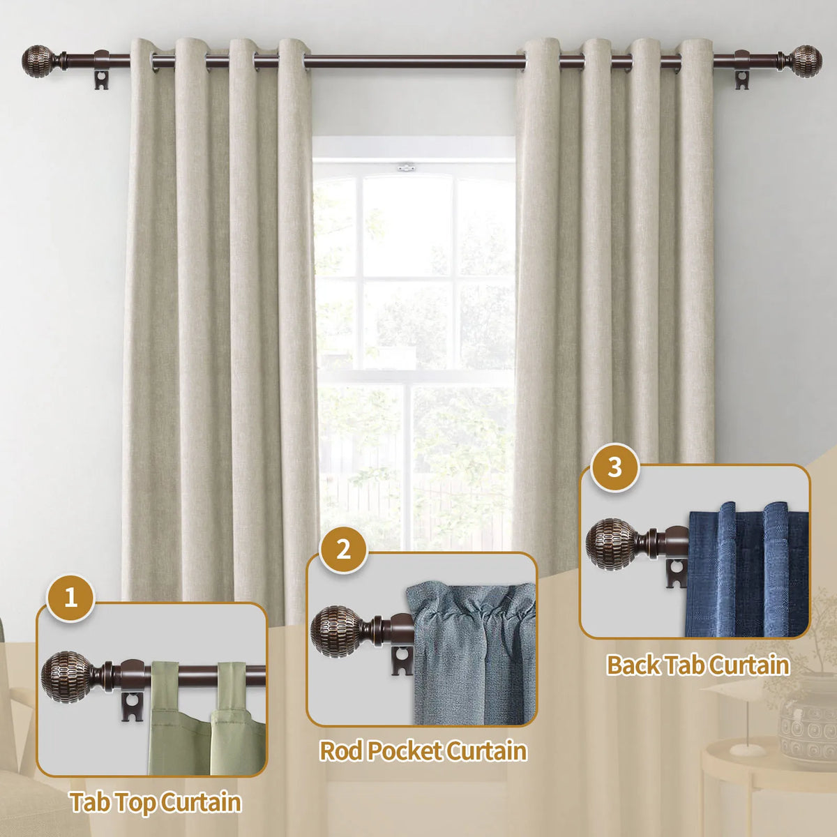 1 Set 5/8 Inch Diameter Heavy-Duty 28 to 120 Inch Curtain Rod, Telescoping Single Rod, 28 to 120 Inches, 5 Colors, 3 Sizes....