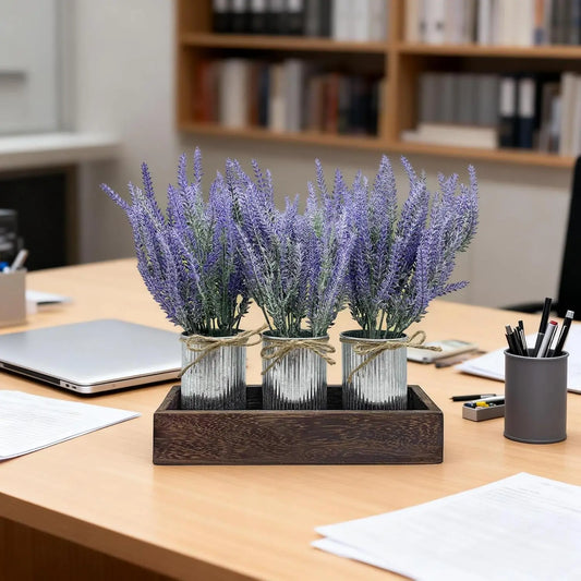 3-Piece Lavender Flowers Artificial with Wood Tray Set, with Galvanized Metal Bucket,