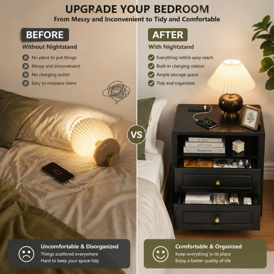 Nightstand with Charging Station 2 Drawers and Open Shelf with USB Type C Port AC Outlet
