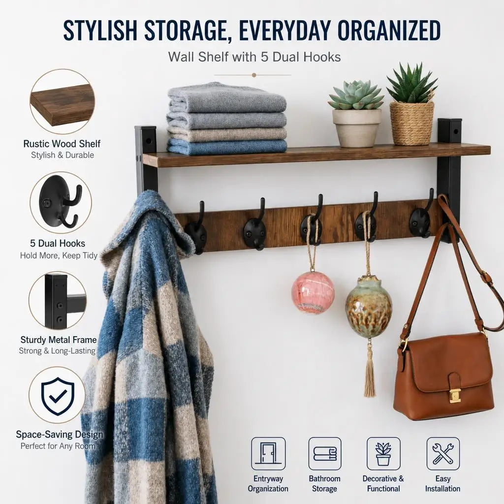 Wooden Wall Mounted Coat Rack with 5 Hooks