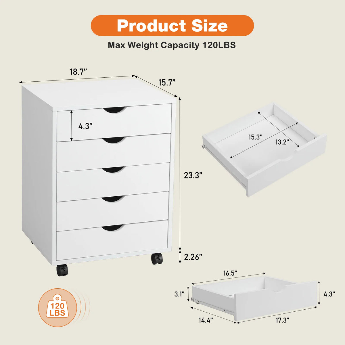 Wood Nightstand Cabinet 5 Drawers Waterproof Surface, Rotating Wheel