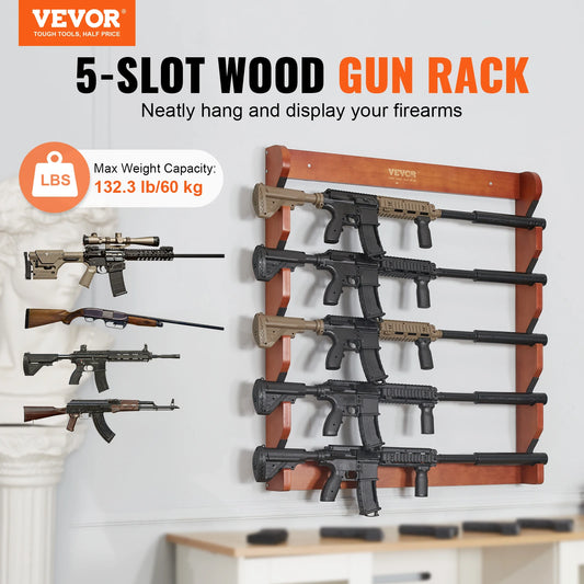 Wood Gun Rack Wall Mount 4/5Rifles Shotguns 132lbs, w/Soft Padding