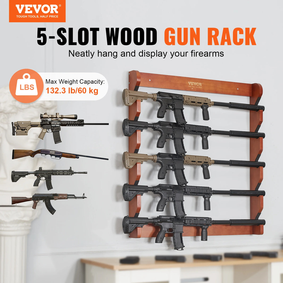 Wood Gun Rack Wall Mount 4/5Rifles Shotguns 132lbs, w/Soft Padding