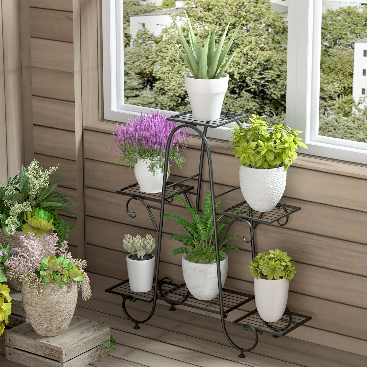 6 Tiers Metal Plant Stand Indoor Outdoor, Anti-rust Black 30.9x9.6x29.3 inch