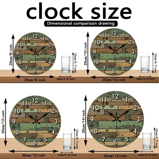 Wooden Theme Style Wall Clock 2D Print - 4 Sizes, Excluding AA Battery....