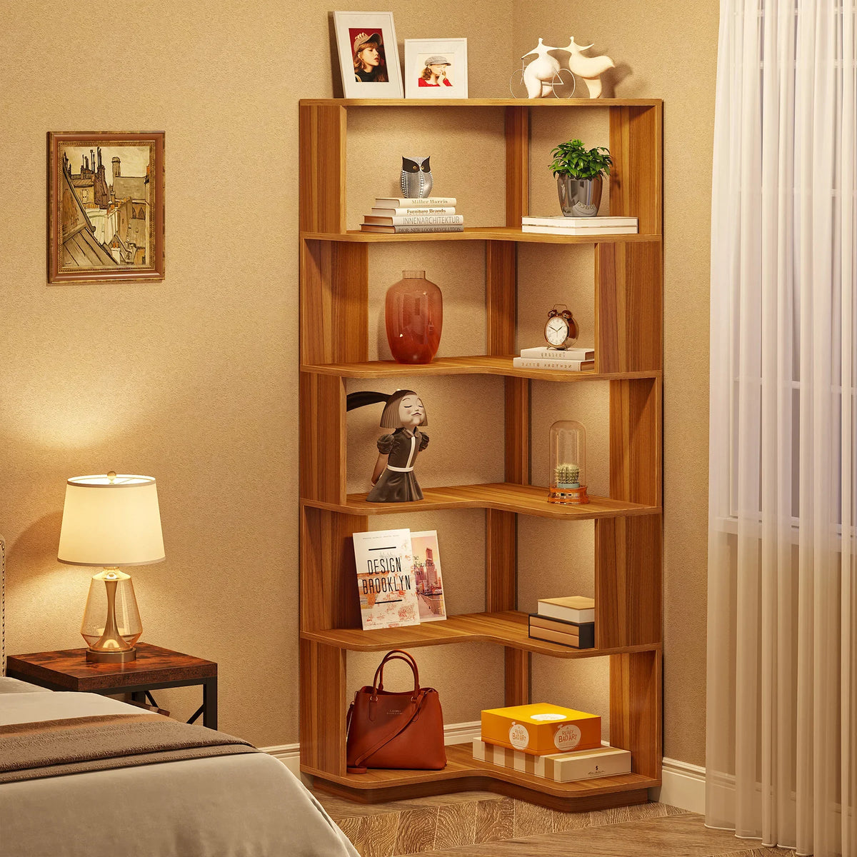 6 Tier Corner Wooden Bookshelf, 64.96 Inch Tall with Anti-Drop 64.96"D x 23.62"W x 23.62"H....