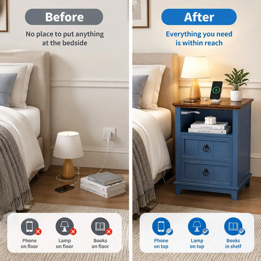 18 Inch Wood Nightstand with USB Charging Station 2 Drawer End Table, Blue