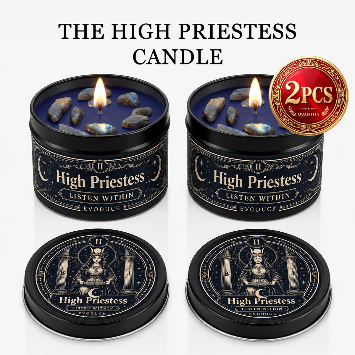 The High Priestess Tarot Candle with Blue Grey Crystal Stones, 3/2/1 Sets, Scented for Meditation, 3 Oz