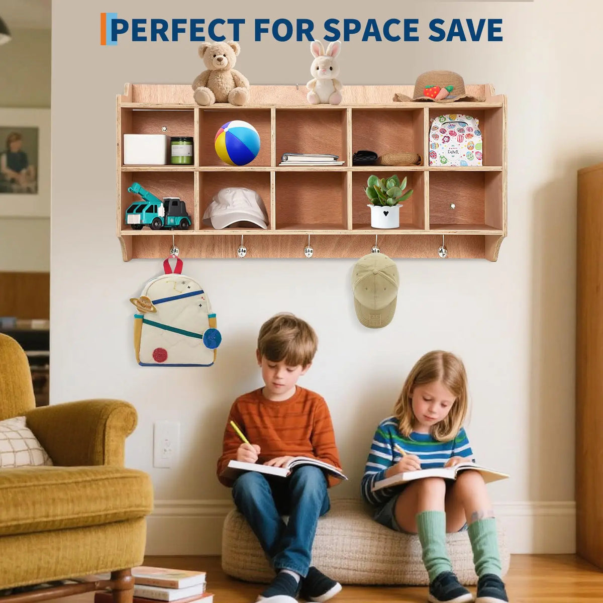 Wall Mount Kids Wooden Storage Organizer With 10 Cubbies, 5 Hooks And Top Shelf,