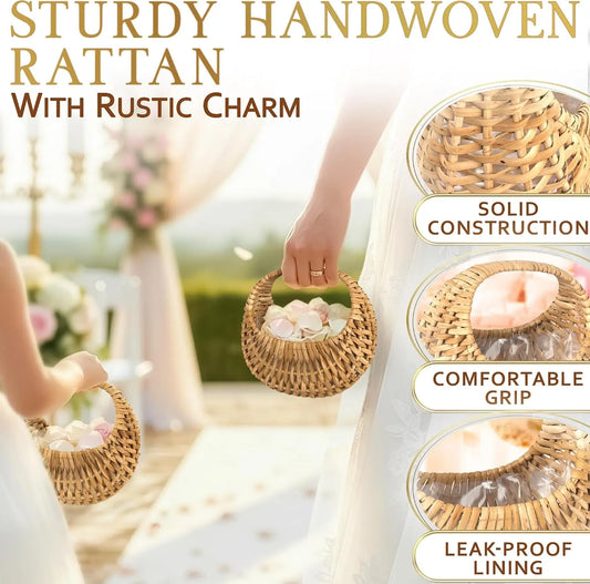 Flower Girl Basket Set of 2, Rattan Handwoven Wicker Baskets with Handle, 6.3" x 5.12" x 3.75", Waterproof Lining; for Wed