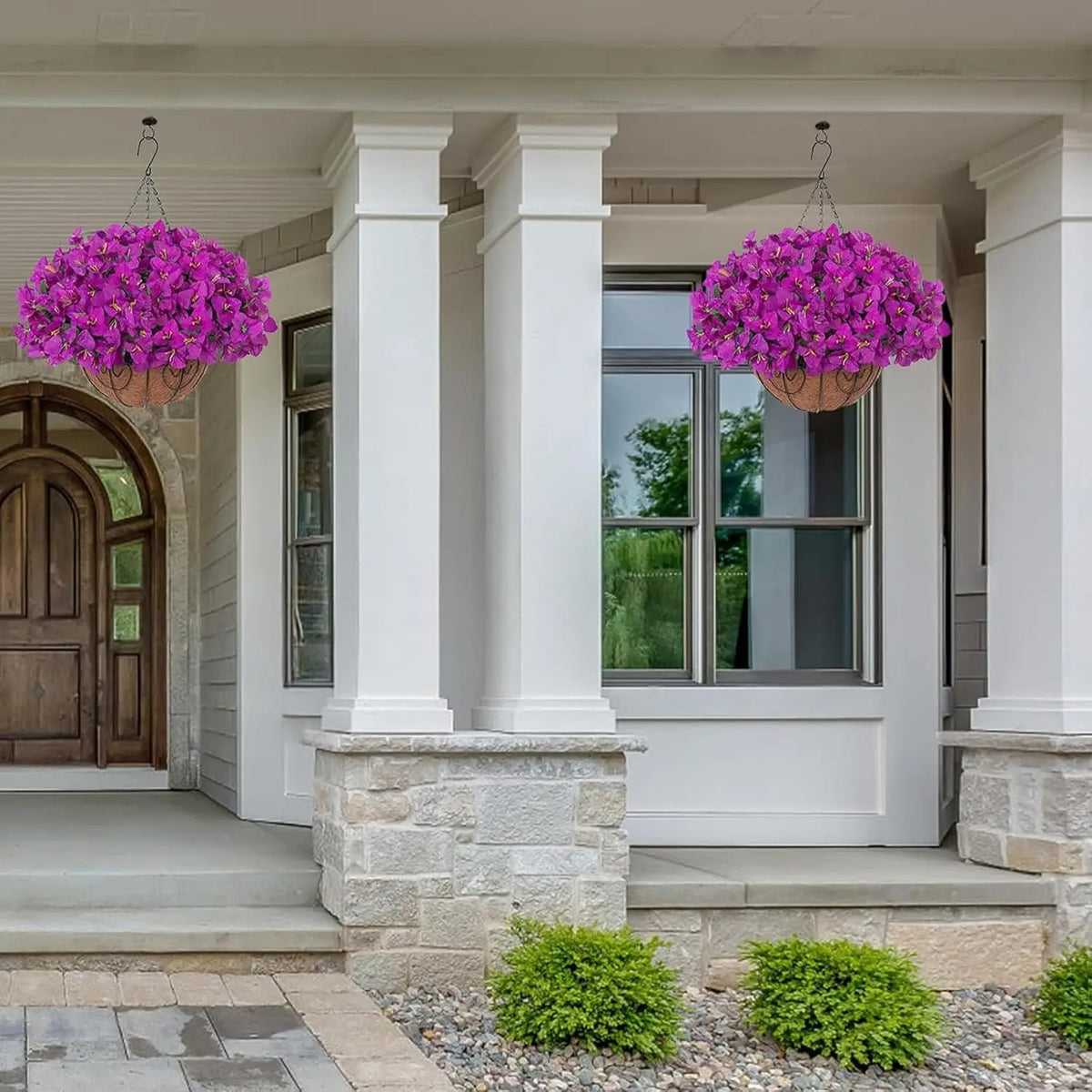 2PCS Artificial Flower Basket Purple/white Bougainvillea Hanging Flower Palm Basket