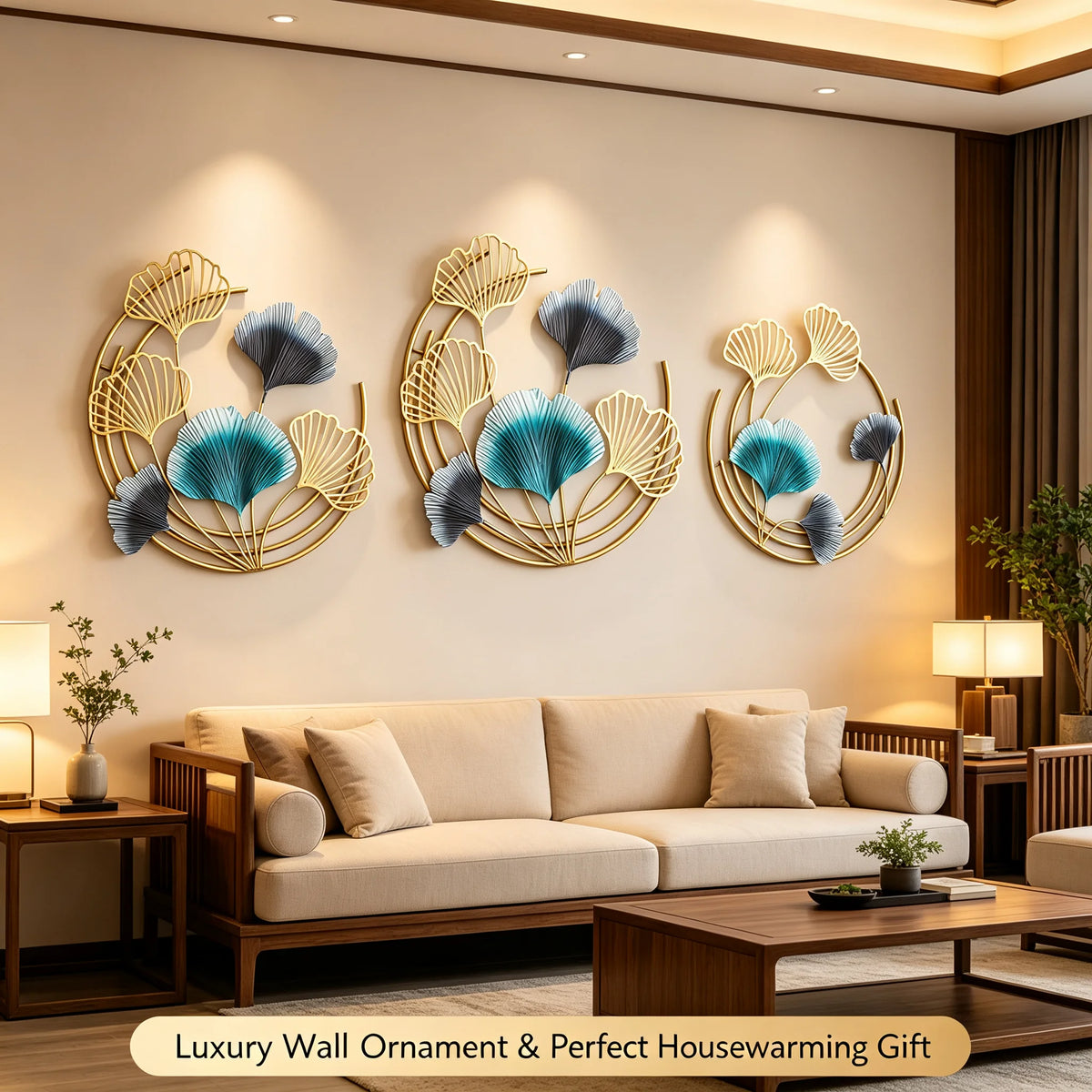 3-Piece Gold Metal Wall Art Decorations 18.9in Leaf Wall Sculptures, 3-in-1