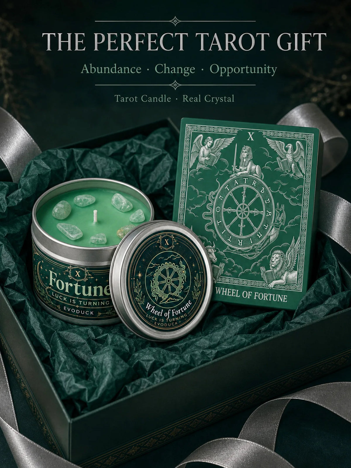 3/2/1 Sets Fortune Tarot Candle with Green Crystal Stones, Green Wax Scented, for Meditation, 3 Oz.