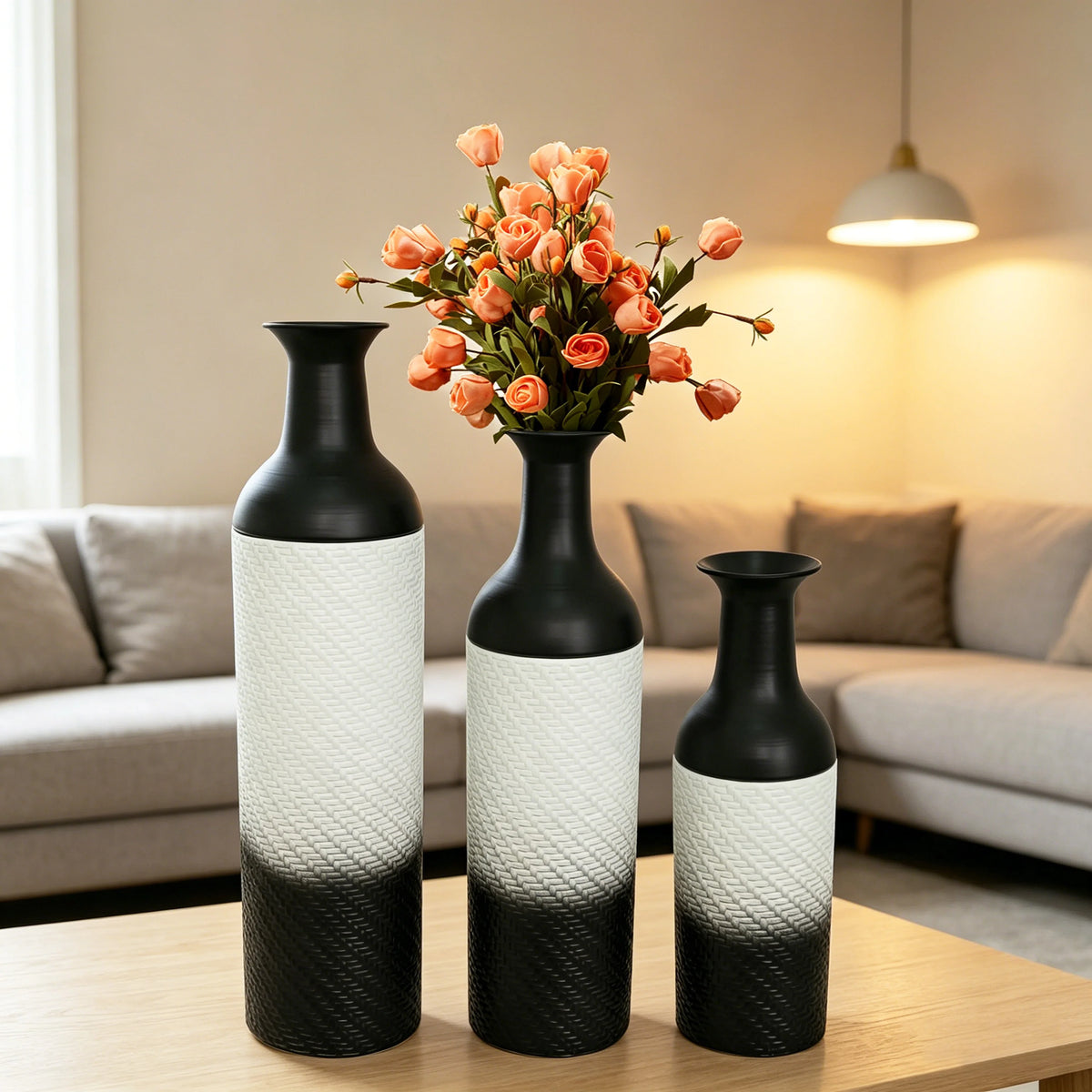 3-Tier Metal Floor Vases Set, Black & White Tall Vases....