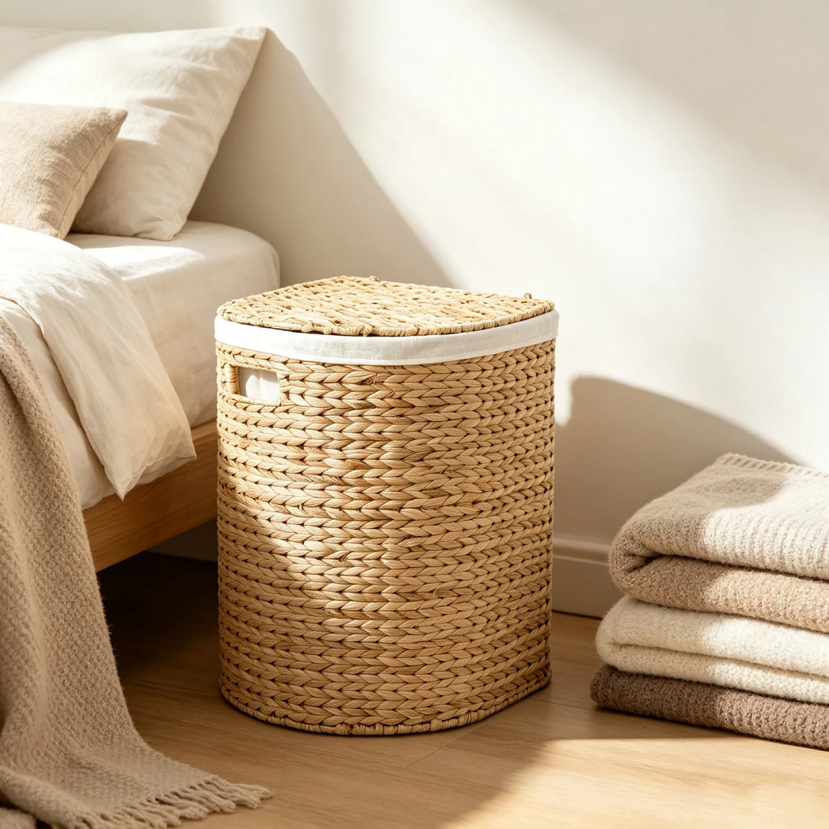 Water Hyacinth Woven Wicker Half‑Circle Laundry Hamper, Anti‑Mildew, 16.9×13.8×20.5 Inch