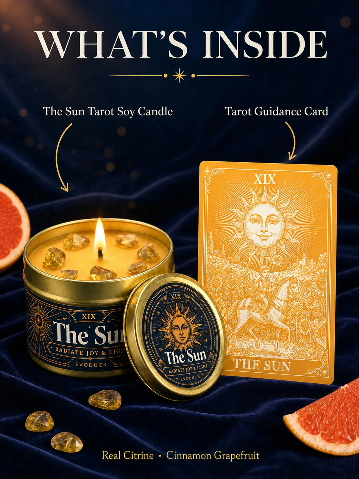 The Chariot Tarot Candle with Real Citrine Crystal Stones, Yellow Wax Scented Gold Tin Candle, for Meditation, Success Motivation, 3 Oz.....