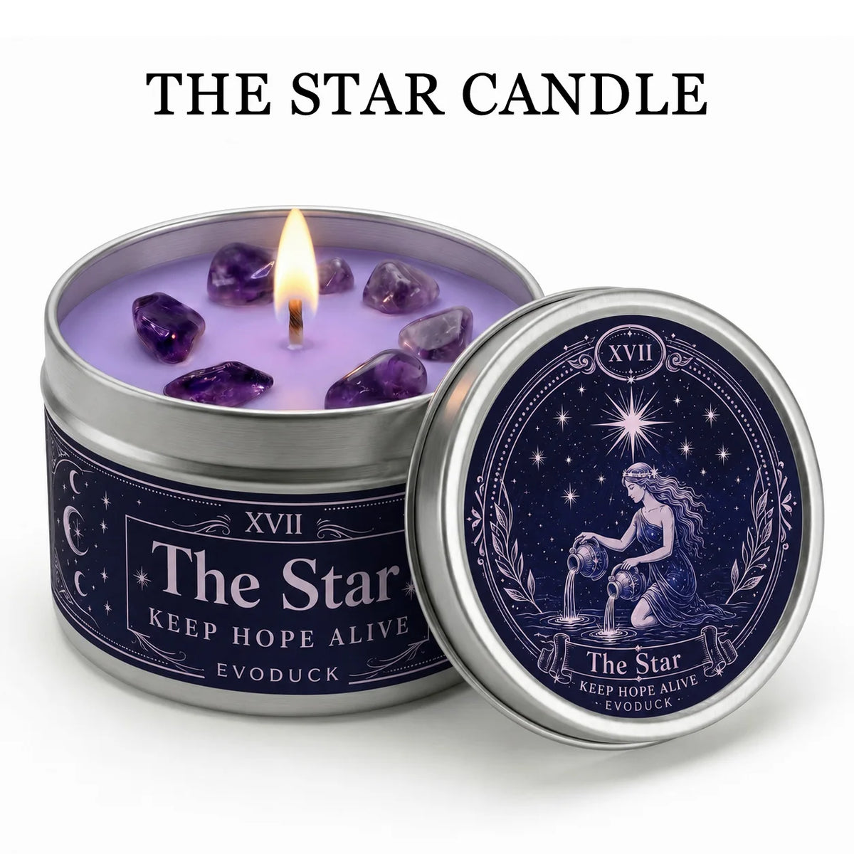 The Star Tarot Candle, Water Lily & Lilac Scented, with Amethyst Crystal , Lavender Wax Silver Tin, Candle for Meditation, 1/2/3 Sets, 3 Oz