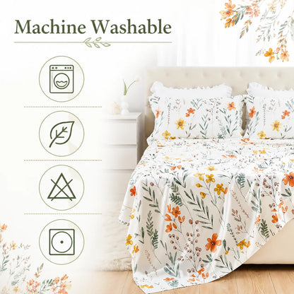 4-Piece Floral Print Duvet Cover Set: 1 Flat Sheet, 1 Fitted Sheet, 2 Pillowcases, Sizes: Large/King/Single/Double.
