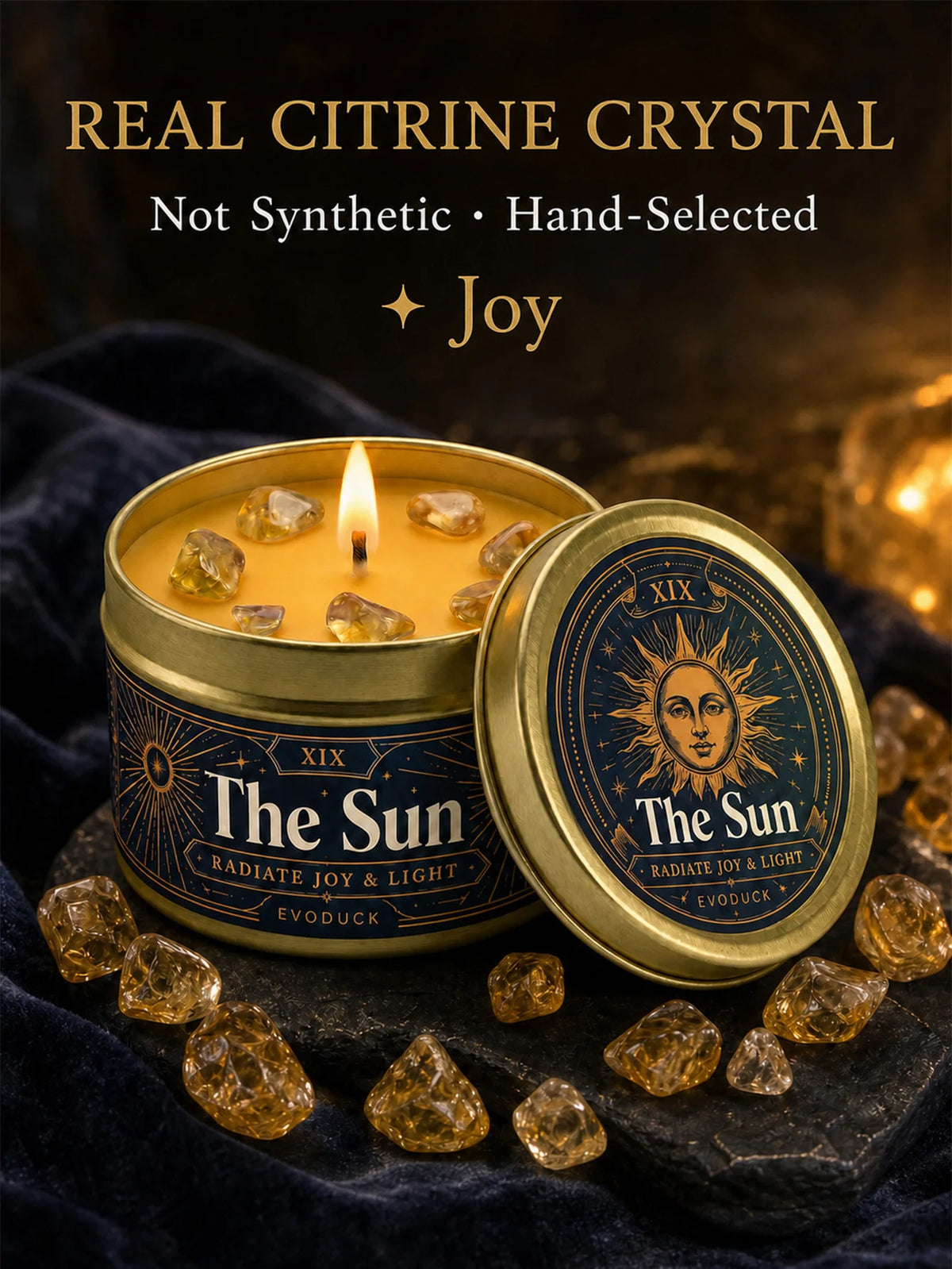 The Chariot Tarot Candle with Real Citrine Crystal Stones, Yellow Wax Scented Gold Tin Candle, for Meditation, Success Motivation, 3 Oz.....