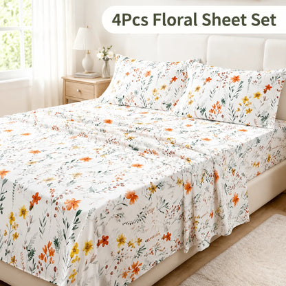 4-Piece Floral Print Duvet Cover Set: 1 Flat Sheet, 1 Fitted Sheet, 2 Pillowcases, Sizes: Large/King/Single/Double.
