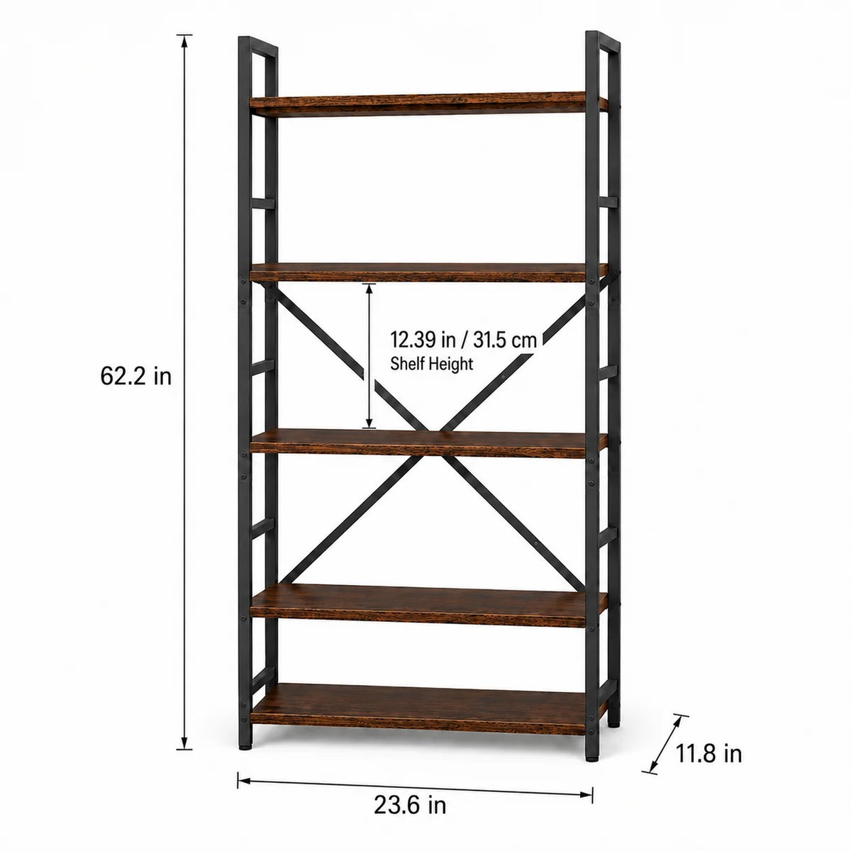 Rustic Brown Engineered Wood and Black Metal Bookcase, Freestanding....