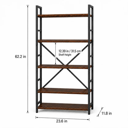 Rustic Brown Engineered Wood and Black Metal Bookcase, Freestanding....