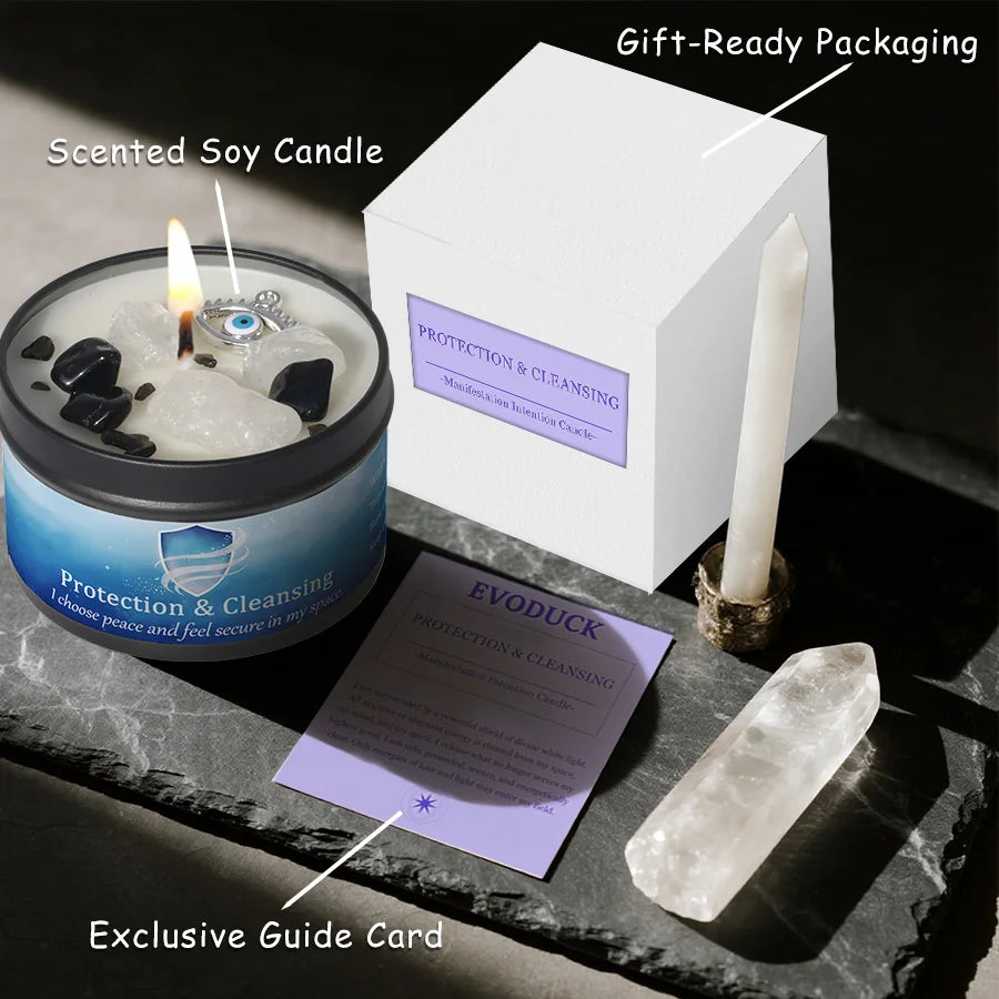 3/2/1Pcs. Protection & Cleansing Scented Candle Set, White Sage & Frankincense Scented Soy Candles with Black Tourmaline & Evil Eye Charm, Negative Energy Clearing 3 Oz. Each 10 Different
