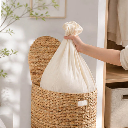 Water Hyacinth Woven Wicker Half‑Circle Laundry Hamper, Anti‑Mildew, 16.9×13.8×20.5 Inch